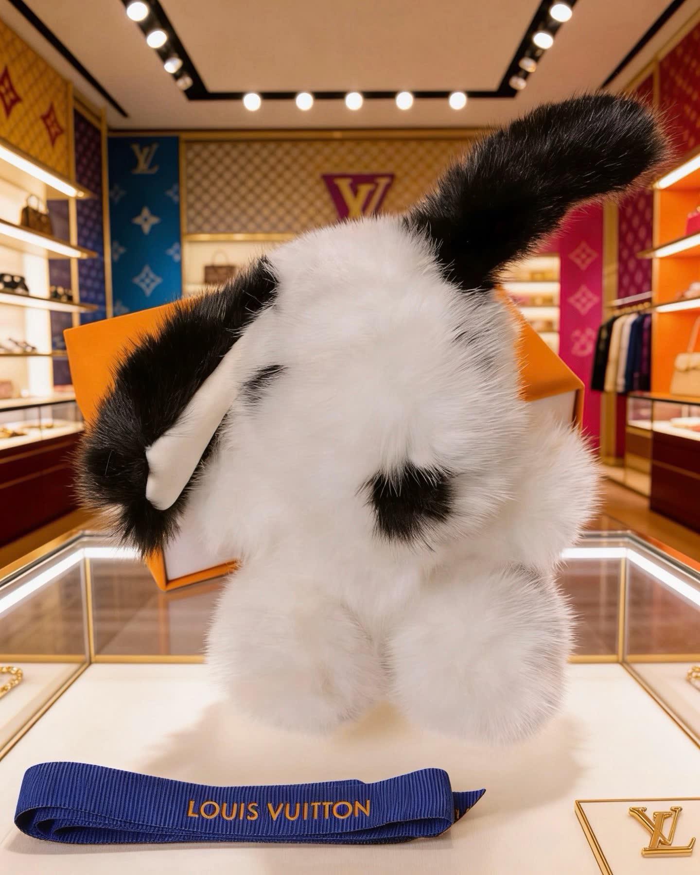 Louis Vuitton White and Black Furry Keychain